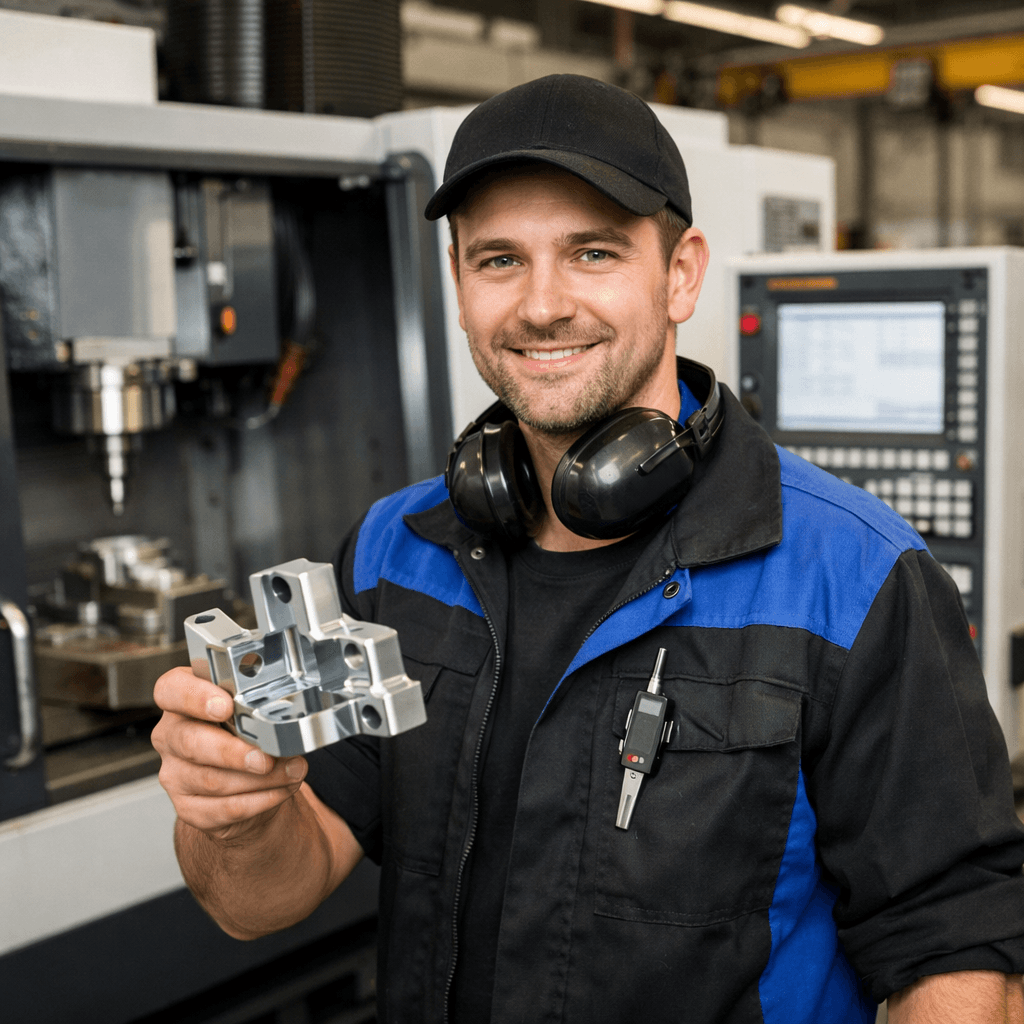 Manufacturing professional with a precision-machined part in front of CNC equipment