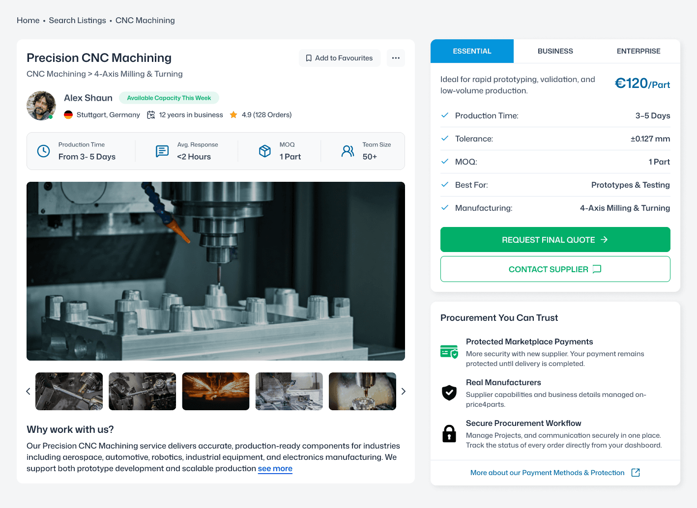 Example supplier listing page showing CNC machining services, capacity, pricing tiers, and quote request options